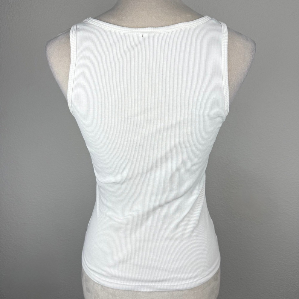 Y2K White Ribbed Sequin Graphic Tank Top Paisley Boho Scoop Neck Sleeveless - Picture 4 of 8